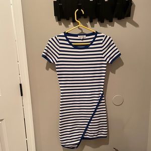 Blue and white stripe asymmetrical body con dress